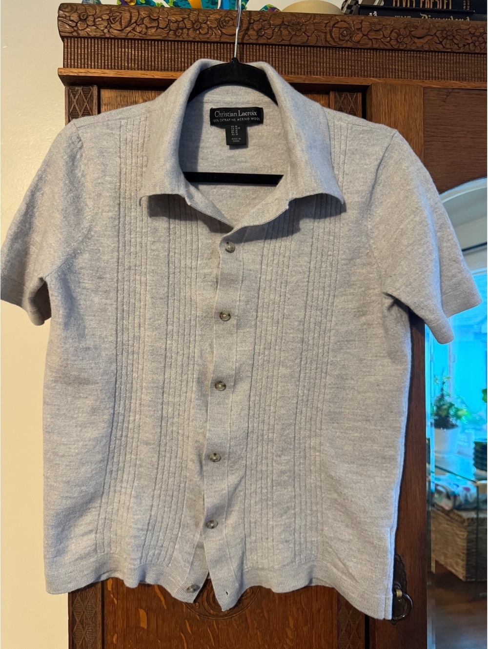 Christian Lacroix 100% Merino Wool light gray short sleeve knit collared shirt